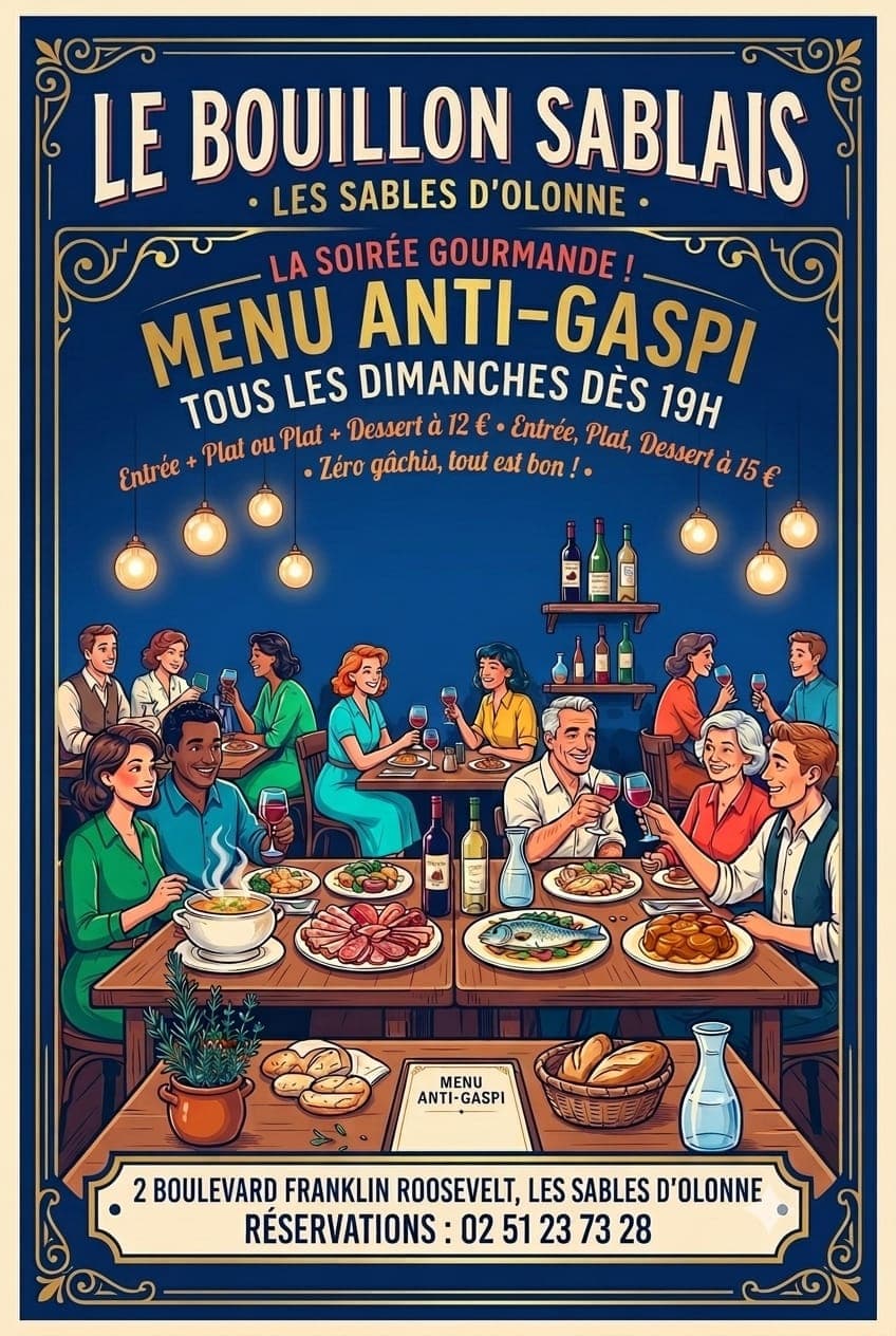 Affiche du menu anti-gaspi du dimanche dès 19h au Bouillon Sablais
