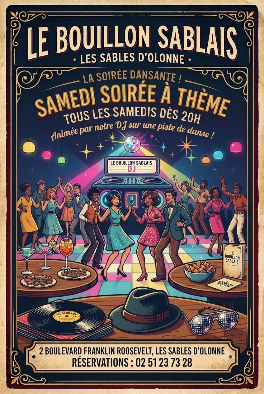 Affiche de la soirée à thème du samedi dès 20h au Bouillon Sablais