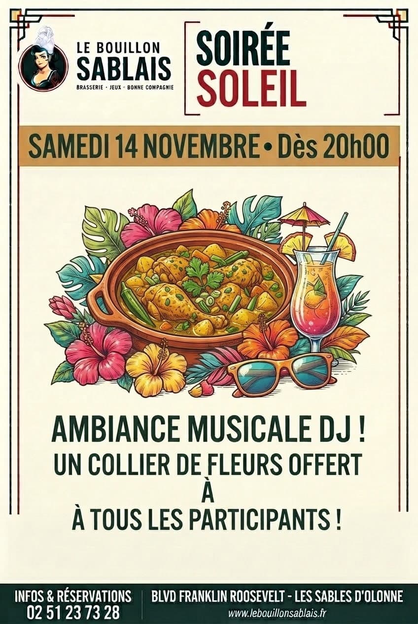 Affiche Soirée Soleil, samedi 14 novembre 2026 dès 20h00